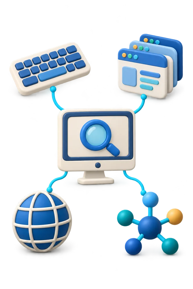 Computer monitoring methods represented by keyboard, application, web, and network symbols